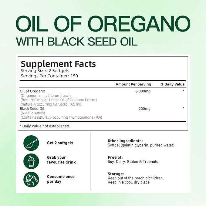 Aceite de Orégano 300 Cápsulas con Aceite de Semilla Negra | Antioxidantes Naturales para la Forma Física | Apoyo Nutricional | Suplemento Alimenticio Comestible Botánico de Alta Eficacia