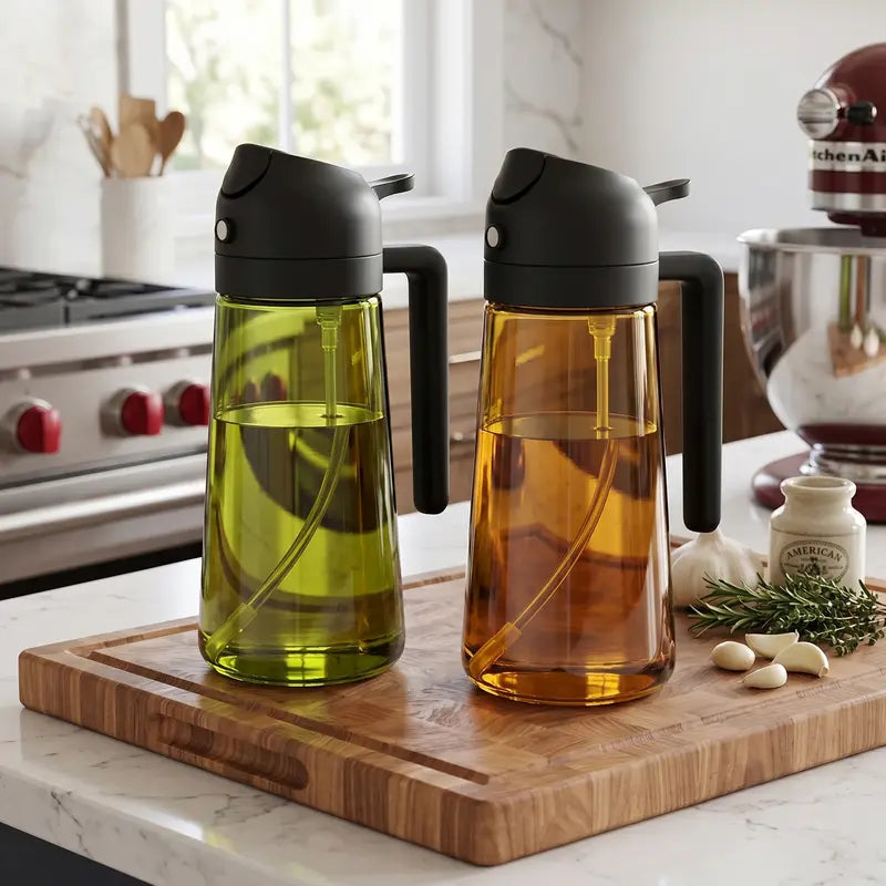 2 in 1 Olive Oil Sprayer & Dispenser 470ml Green Glass Bottle,2PCS