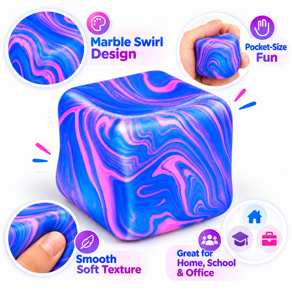 Blue Marble Swirl Cube Squishy Toy, Soft Squeeze Stress Relief Fidget, Single Piece