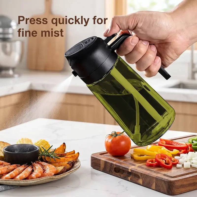 **2-Pack Glass Oil Dispenser Set, Olive Green & Amber Bottles with Black Handles, 2-in-1 Oil Sprayer and Pourer**