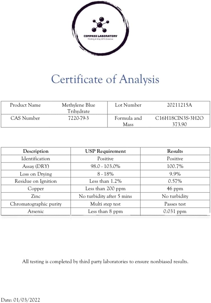 Methylene Blue Pharmaceutical Grade, USP Grade, Third-Party Tested Dietary Supplement for Humans, No Formaldehyde, Made in USA (0.5% 50ml Bottle)