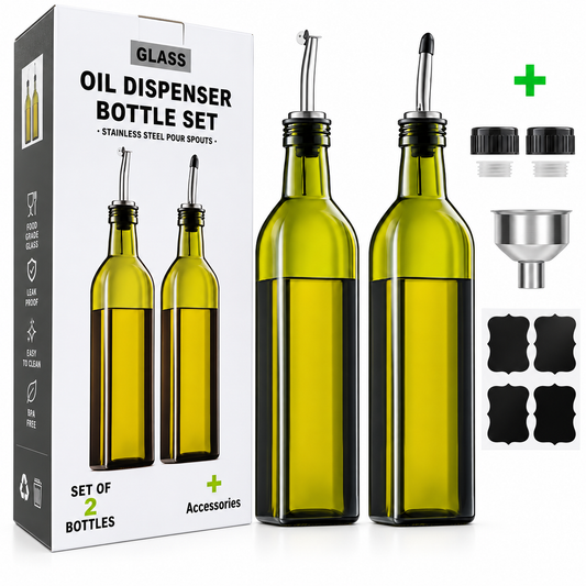 Olive Oil Dispenser Bottle Set, 2-Pack 17oz Green Glass Bottles with Stainless Steel Pourers