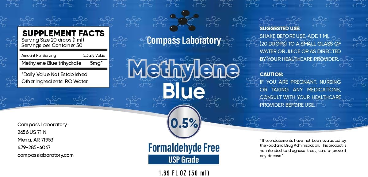 Methylene Blue Pharmaceutical Grade, USP Grade, Third-Party Tested Dietary Supplement for Humans, No Formaldehyde, Made in USA (0.5% 50ml Bottle)