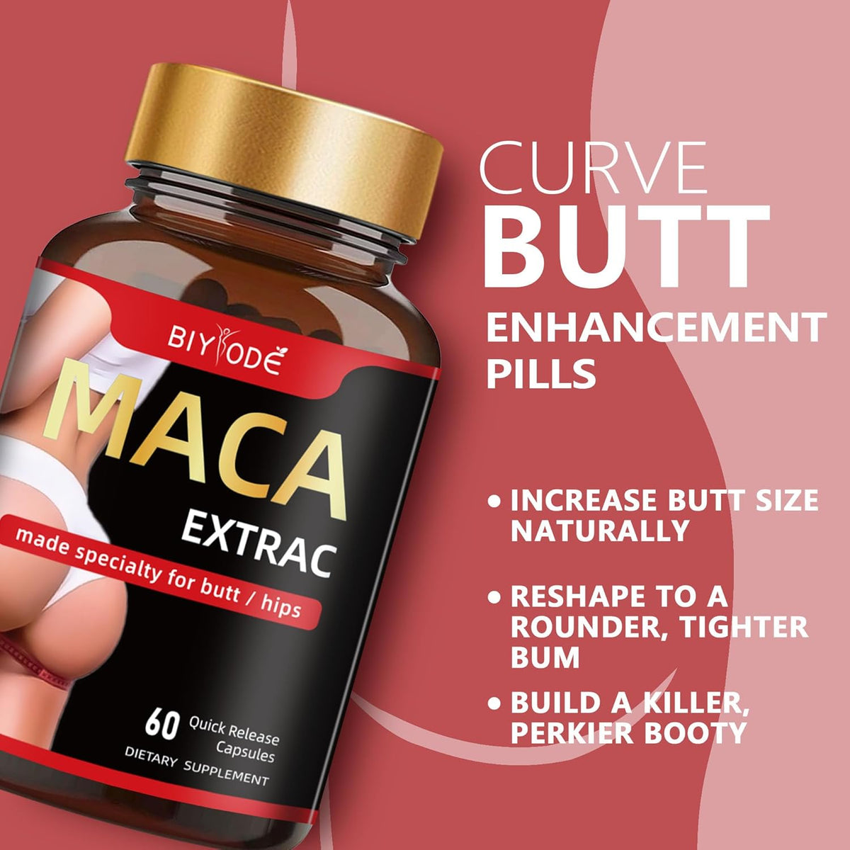 Organic Maca Root Capsules - Natural Butt Enhancement Pills for Women | Lift, Firm & Curve Buttocks | 60 Capsules