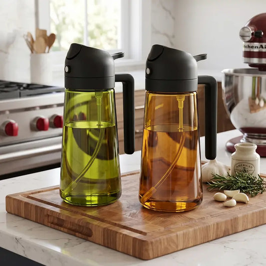 **2-Pack Glass Oil Dispenser Set, Olive Green & Amber Bottles with Black Handles, 2-in-1 Oil Sprayer and Pourer**