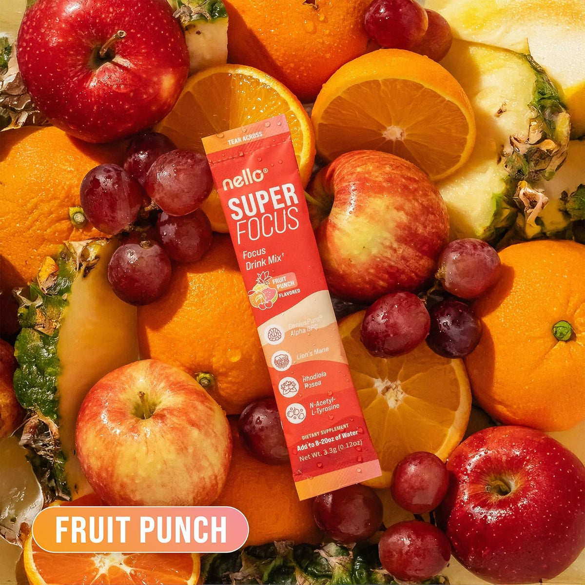 Drink Mix – Fruit Punch Flavor – Alpha GPC, Lion’s Mane, Rhodiola & N-Acetyl L-Tyrosine – Sugar-Free, On-The-Go Packets – 20 Servings