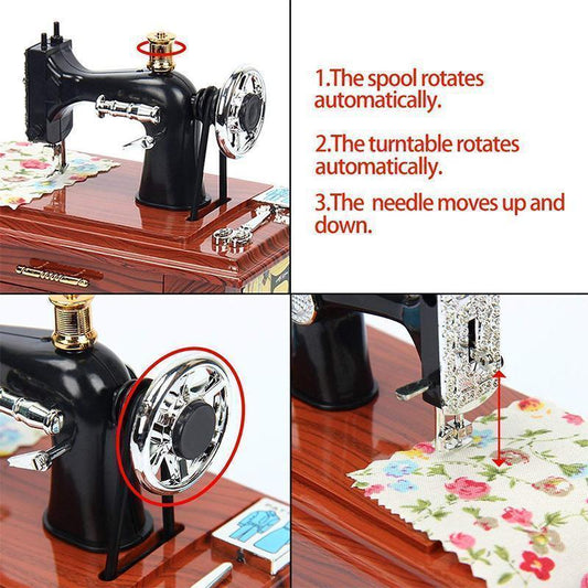 Vintage Mini Sewing Machine Music Box with Drawer – Retro Wooden Treadle Sewing Machine Decor
