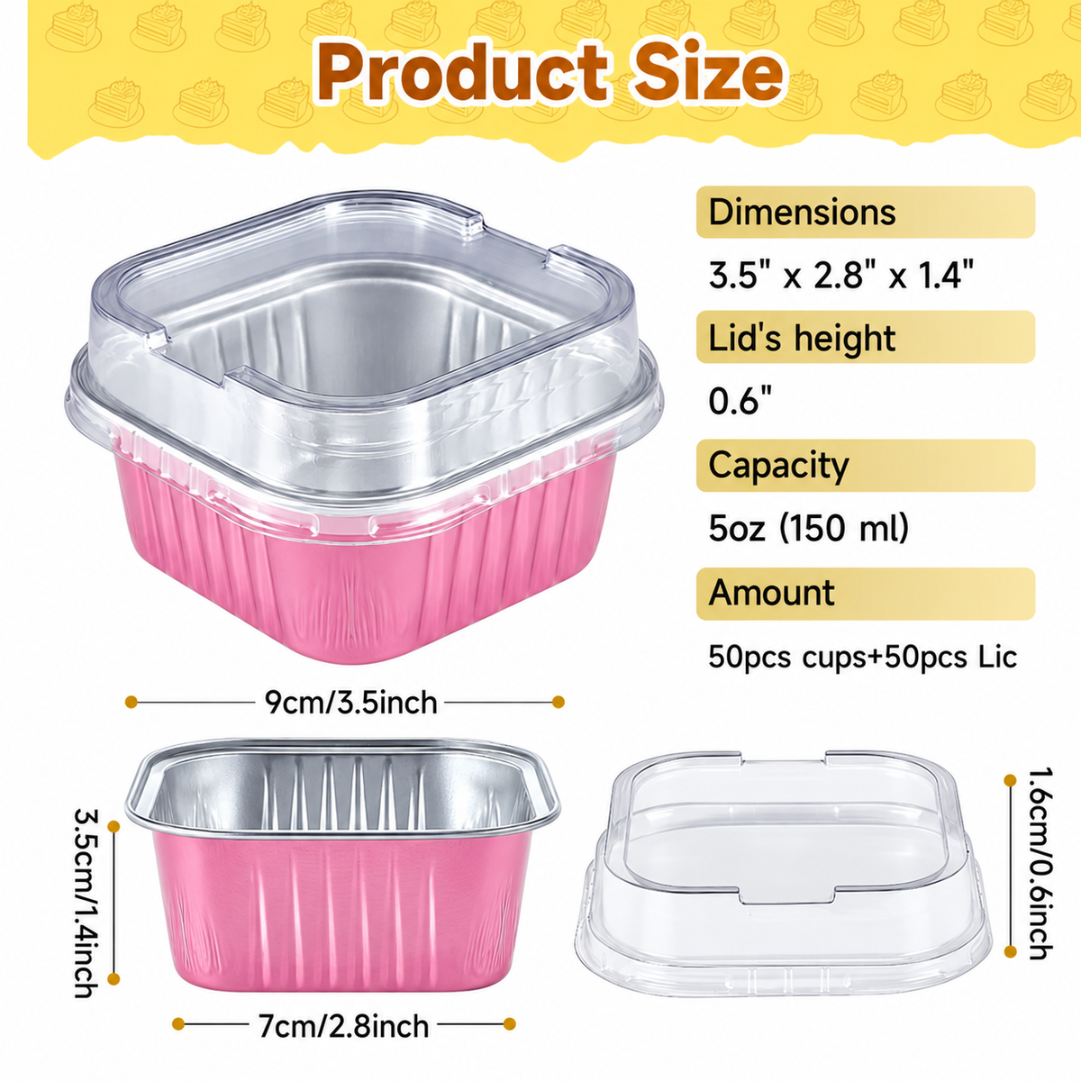 50 Pcs Aluminum Foil Mini Square Baking Cups with Lids,5oz Disposable Ramekins