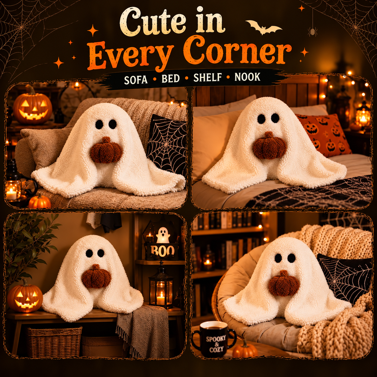 11in Halloween Ghost Plush Pillow with Pumpkin, Soft Cushion