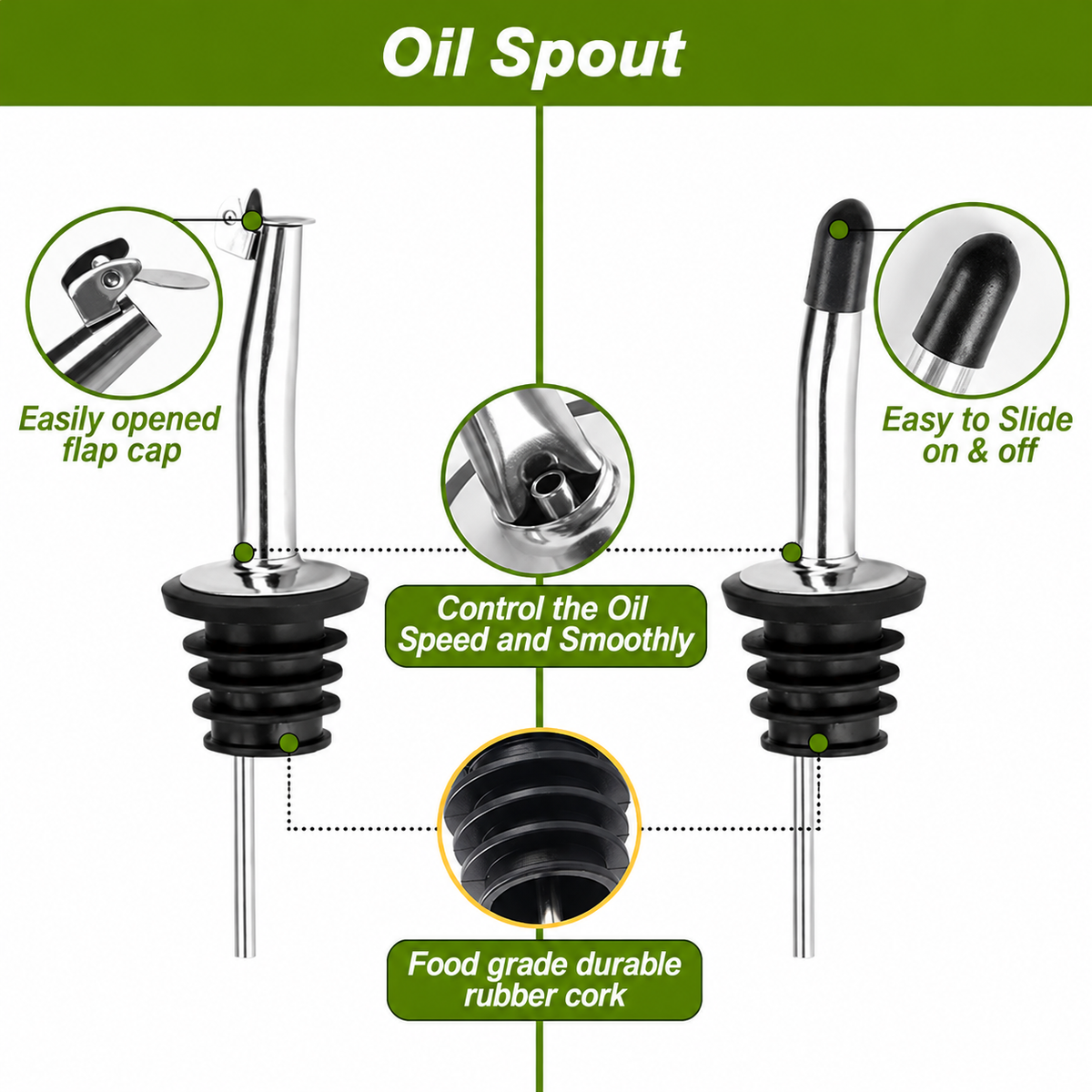 Olive Oil Dispenser Bottle Set, 2-Pack 17oz Green Glass Bottles with Stainless Steel Pourers