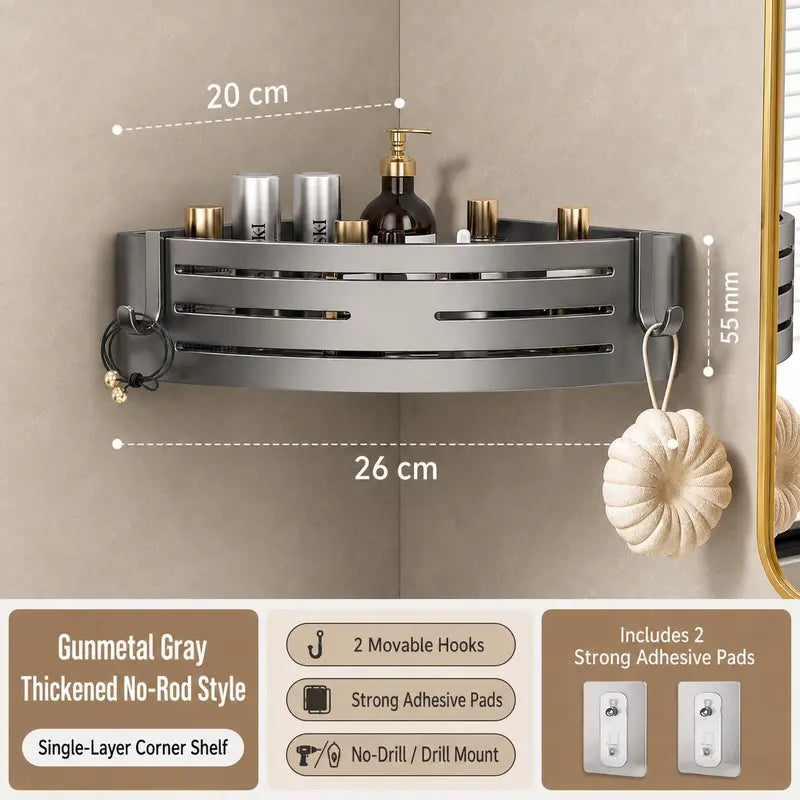 1 Pack No Drill Adhesive Corner Shower Caddy with Hooks & Toothpaste Holder