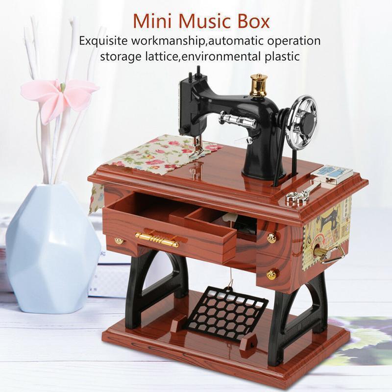 Vintage Mini Sewing Machine Music Box with Drawer – Retro Wooden Treadle Sewing Machine Decor