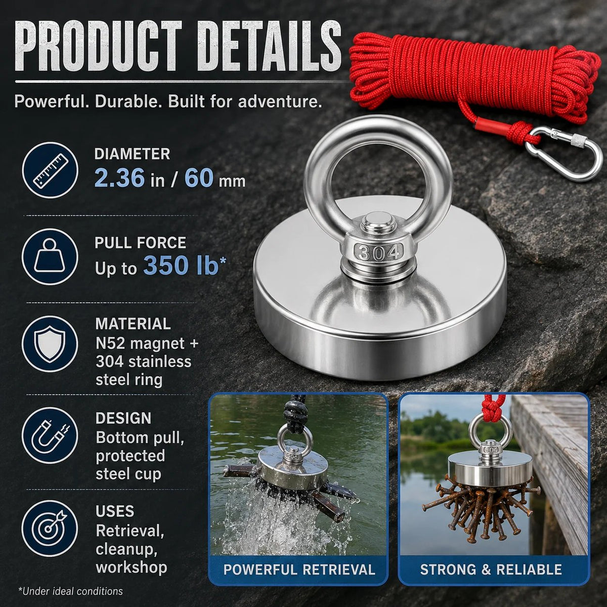 🔥🛠️Strong Neodymium Fishing Magnet Kit with 304 Stainless Steel Eyebolt, Red Rope & Carabiner for Treasure Hunting and Metal Retrieval