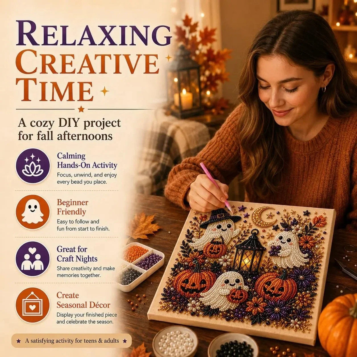 Halloween Ghost Pearl Art DIY Kit, Spooky Cute 3D Diamond Painting Crafts Gifts