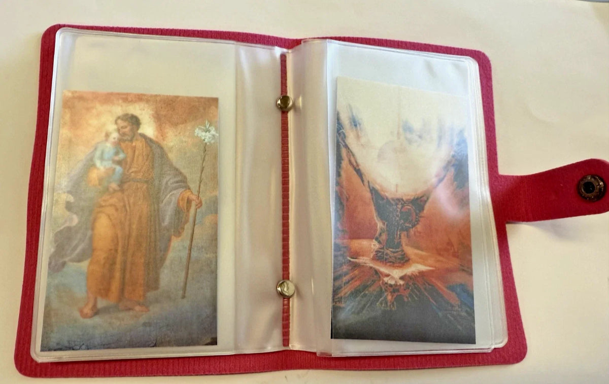 Pink Faux Leather Holy Card Holder with Gold Cross & Snap Closure