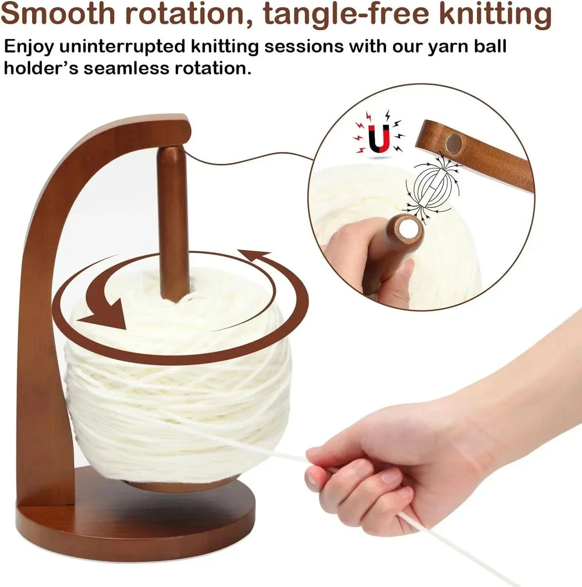 Wooden Yarn Holder Rotating Magnetic Spinning Knitting Crochet Spinner Tool，Natural Wood / Light Brown
