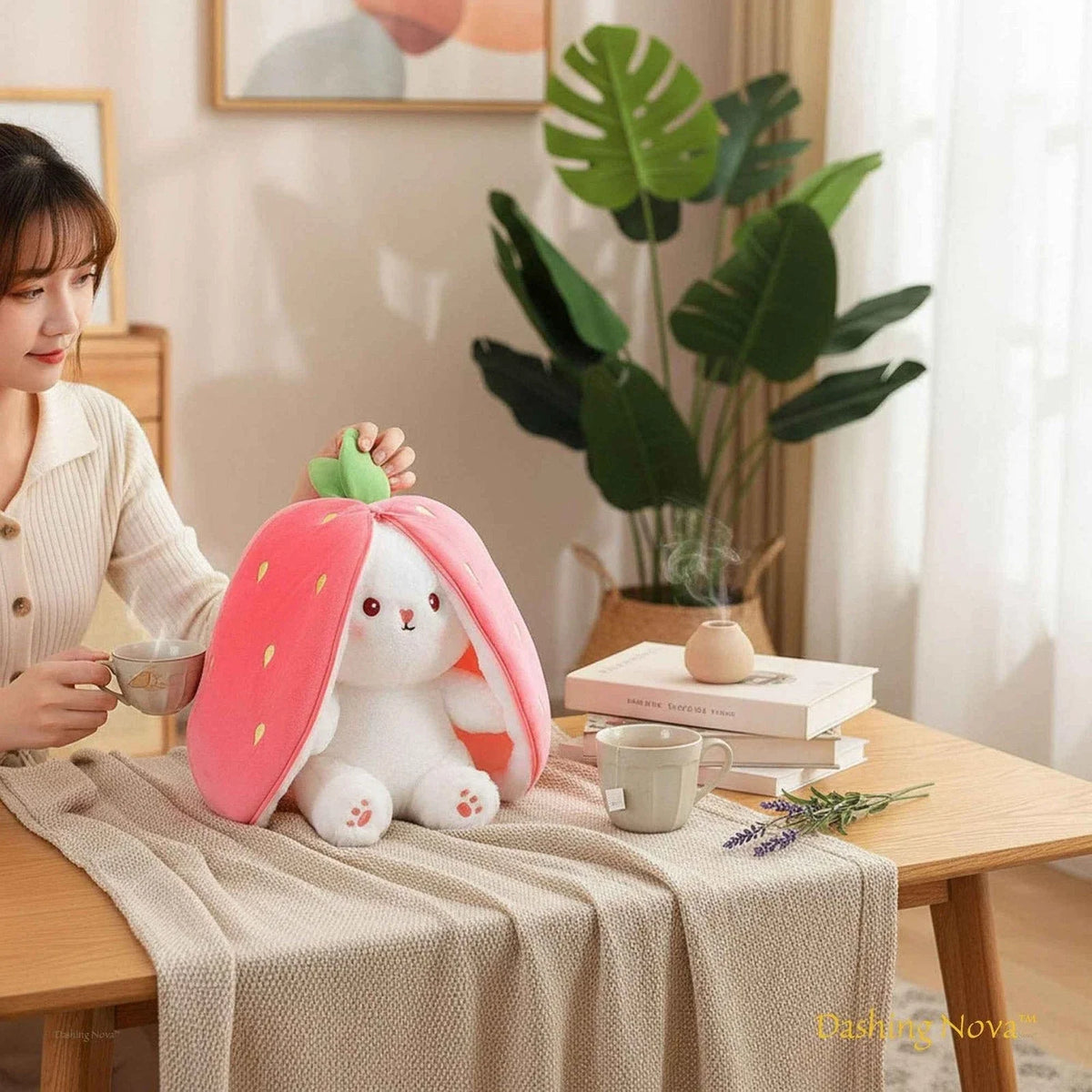 18cm Mini Transforming Bunny Plush Toy, Cute Soft Rabbit Doll with Pink Floppy Ears, Small Gift for Kids