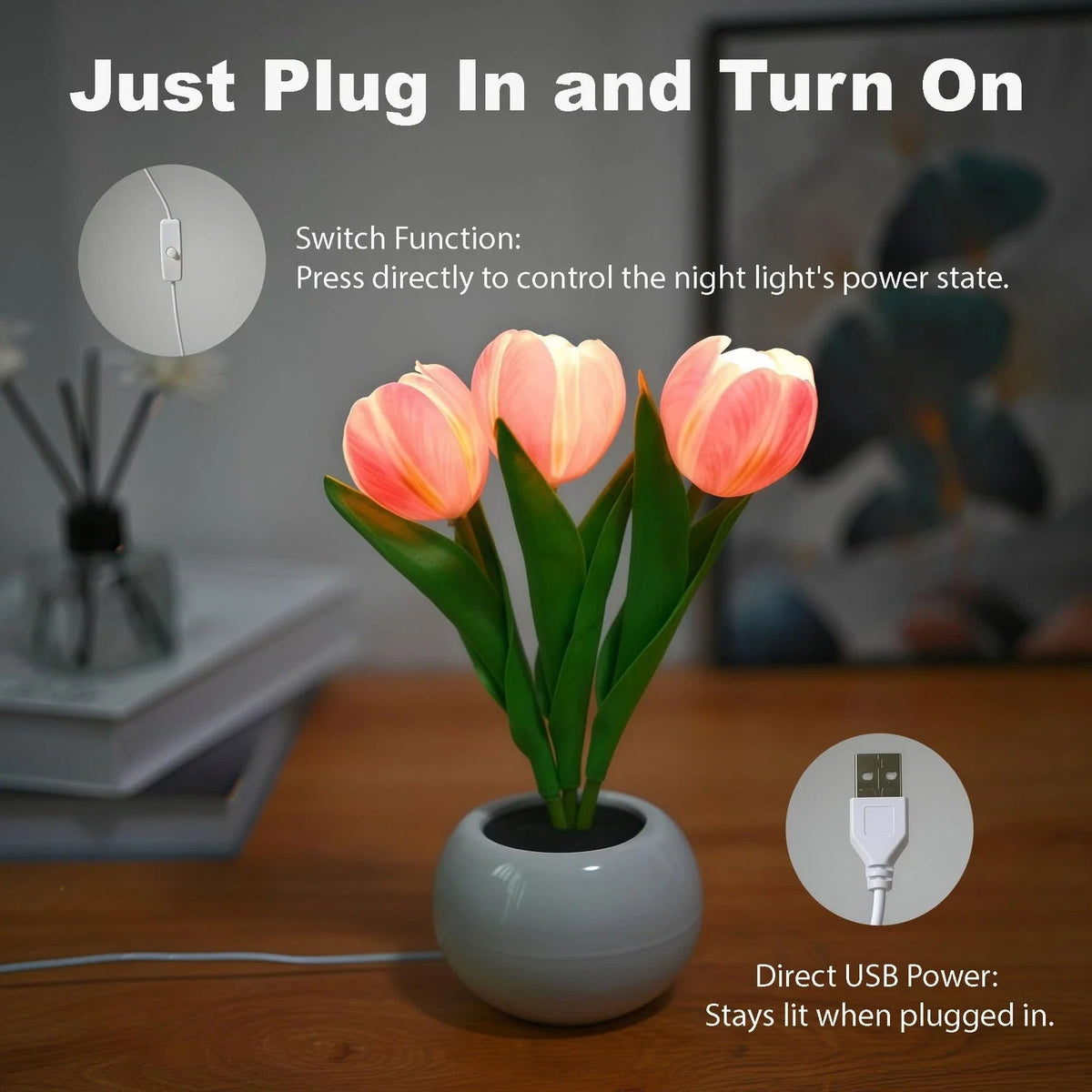 Tulip Flower Table Lamp Pink LED Desk Night Light Vase Artificial Decor