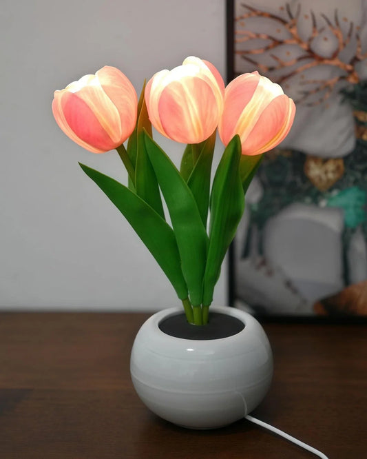 Tulip Flower Table Lamp Pink LED Desk Night Light Vase Artificial Decor